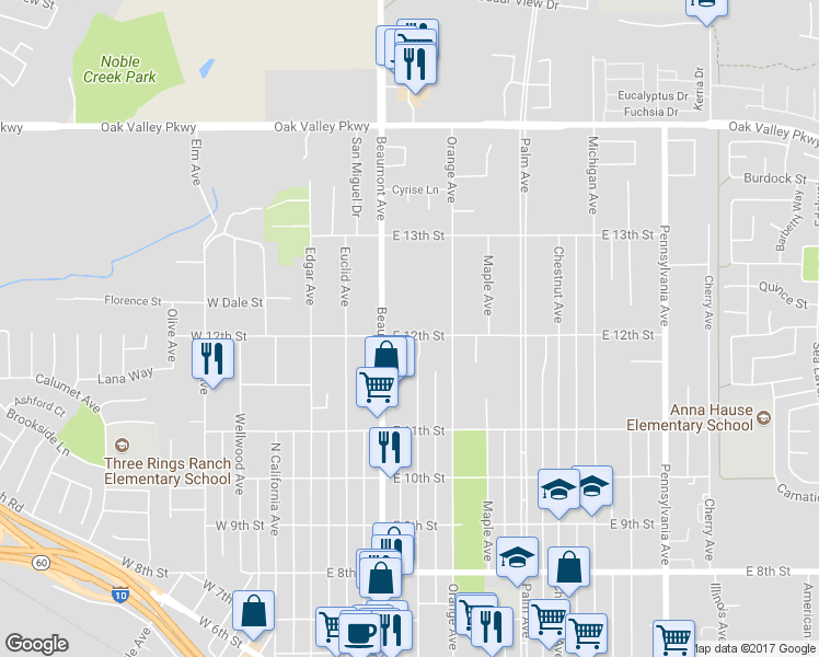 map of restaurants, bars, coffee shops, grocery stores, and more near 450 East 12th Street in Beaumont
