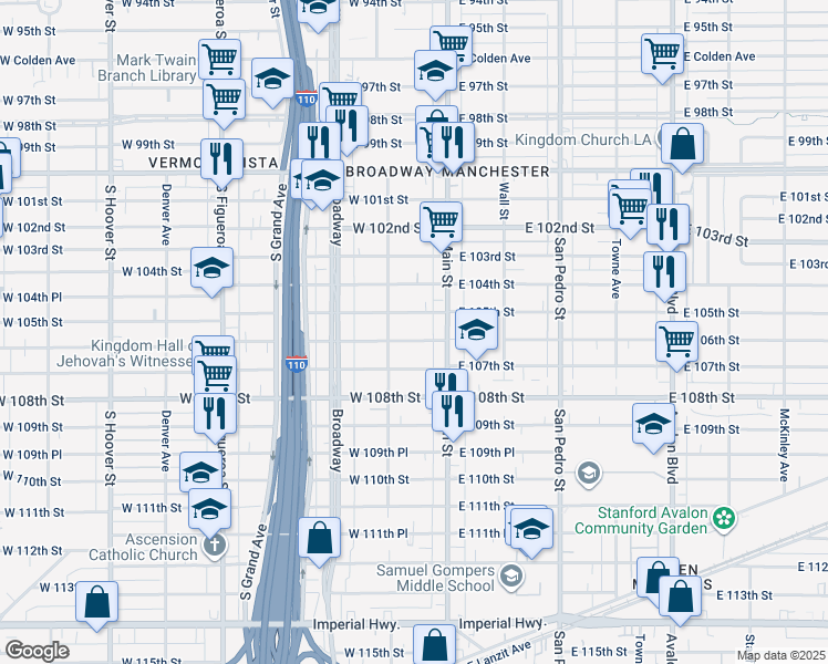 map of restaurants, bars, coffee shops, grocery stores, and more near 127 West 106th Street in Los Angeles