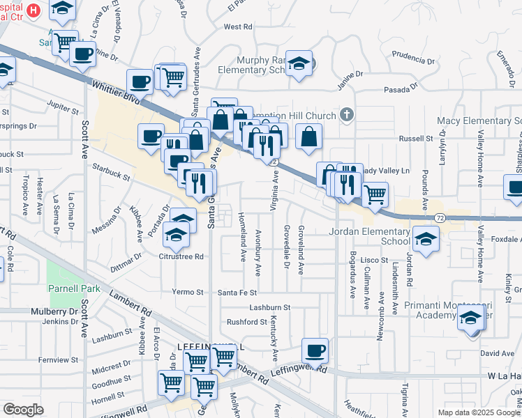 map of restaurants, bars, coffee shops, grocery stores, and more near 15933 Braepark Street in Whittier