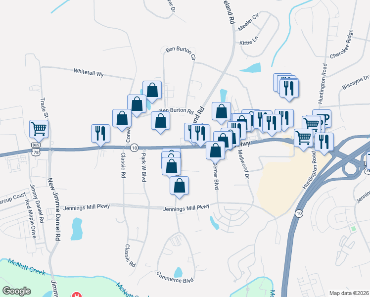 map of restaurants, bars, coffee shops, grocery stores, and more near 4017 Atlanta Highway in Bogart