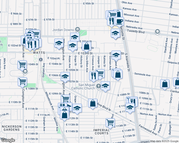 map of restaurants, bars, coffee shops, grocery stores, and more near 2110 East 105th Street in Los Angeles