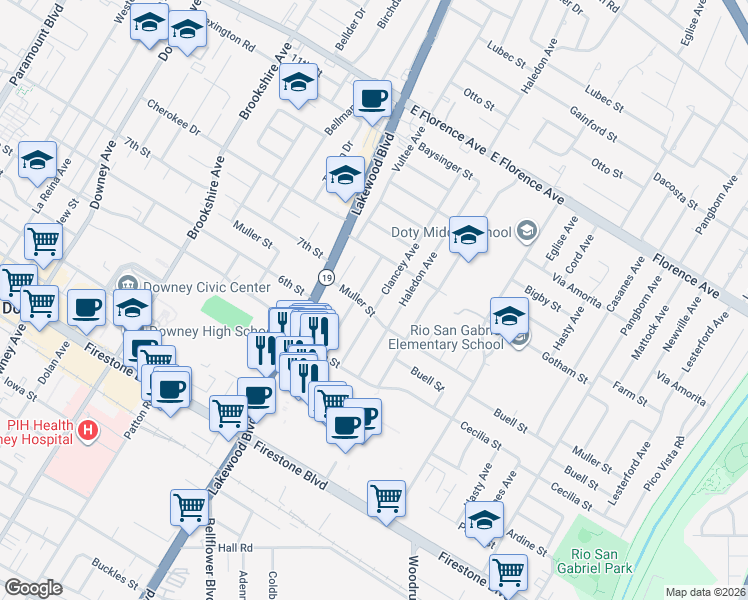 map of restaurants, bars, coffee shops, grocery stores, and more near 10551 Clancey Avenue in Downey