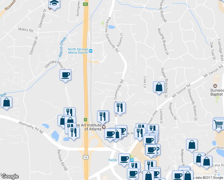 map of restaurants, bars, coffee shops, grocery stores, and more near 207 Abingdon Way Northeast in Atlanta