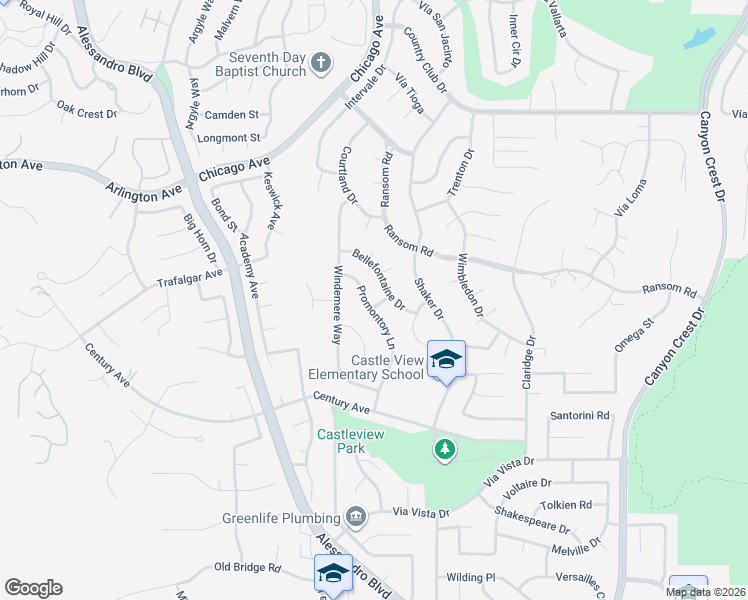 map of restaurants, bars, coffee shops, grocery stores, and more near 6090 Promontory Lane in Riverside