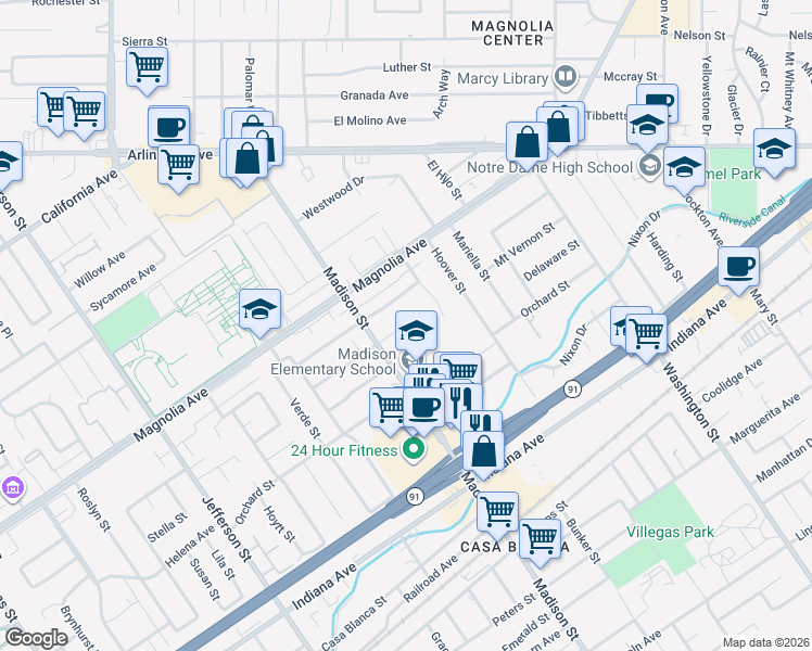 map of restaurants, bars, coffee shops, grocery stores, and more near 7410 Mount Vernon Street in Riverside