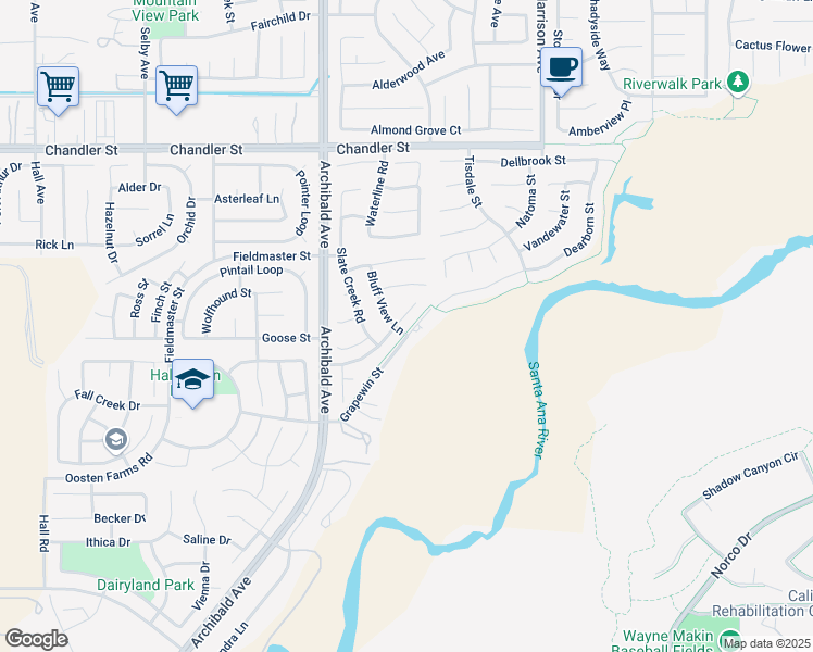 map of restaurants, bars, coffee shops, grocery stores, and more near 8082 River Bluffs Lane in Corona