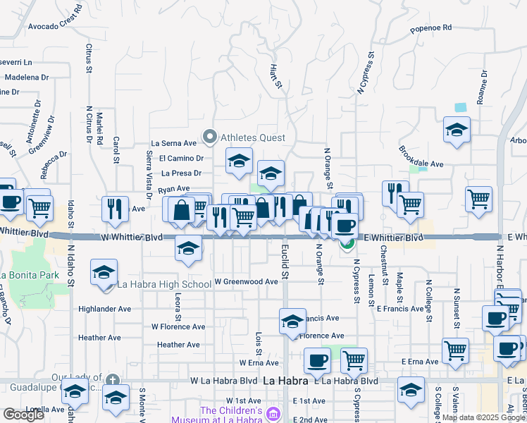 map of restaurants, bars, coffee shops, grocery stores, and more near 950 Hillside Street in La Habra