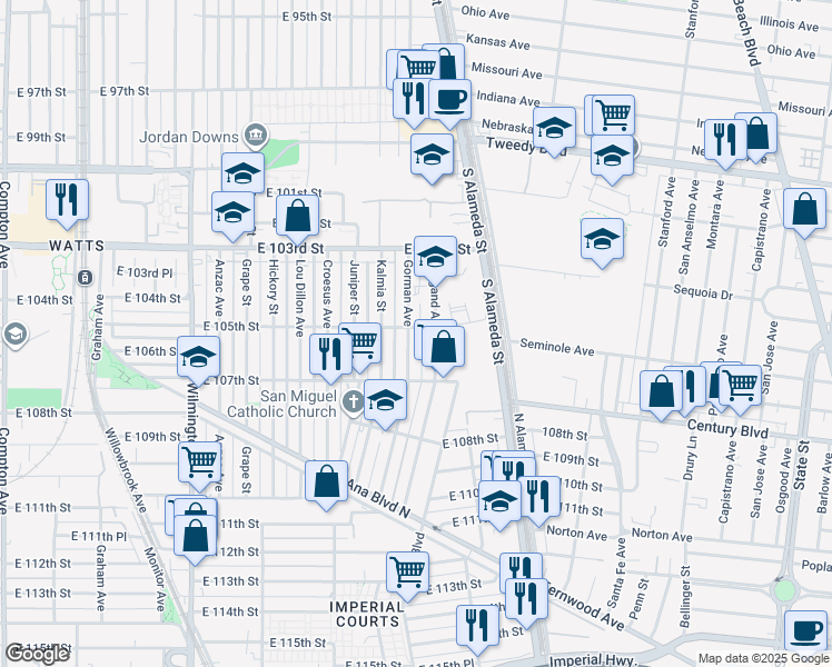 map of restaurants, bars, coffee shops, grocery stores, and more near 2322 East 105th Street in Los Angeles