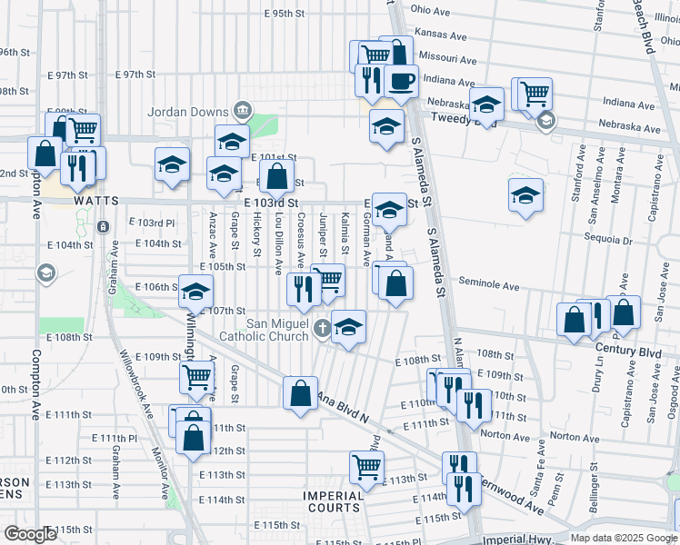 map of restaurants, bars, coffee shops, grocery stores, and more near 2258 East 105th Street in Los Angeles