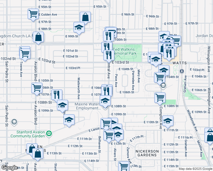 map of restaurants, bars, coffee shops, grocery stores, and more near 10516 South Central Avenue in Los Angeles