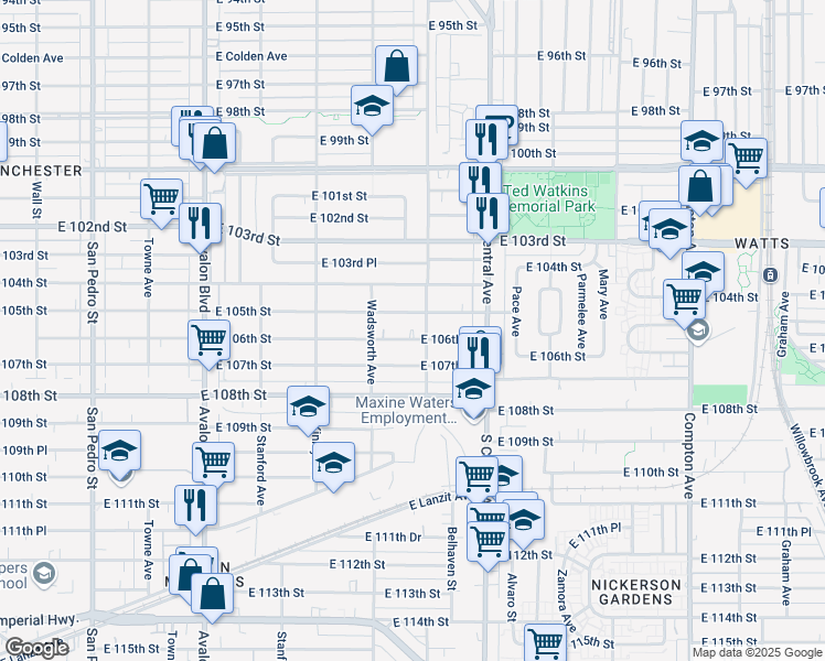 map of restaurants, bars, coffee shops, grocery stores, and more near 947 East 106th Street in Los Angeles