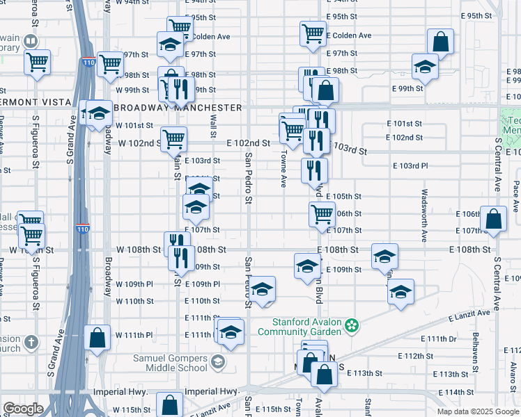 map of restaurants, bars, coffee shops, grocery stores, and more near 315 East 106th Street in Los Angeles