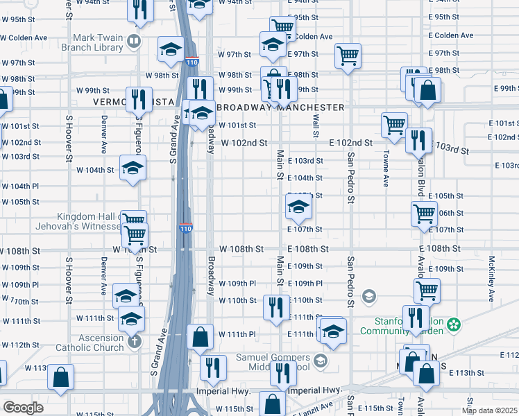map of restaurants, bars, coffee shops, grocery stores, and more near 127 West 106th Street in Los Angeles