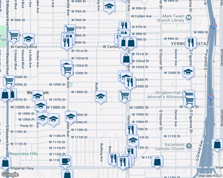 map of restaurants, bars, coffee shops, grocery stores, and more near 1111 West 106th Street in Los Angeles