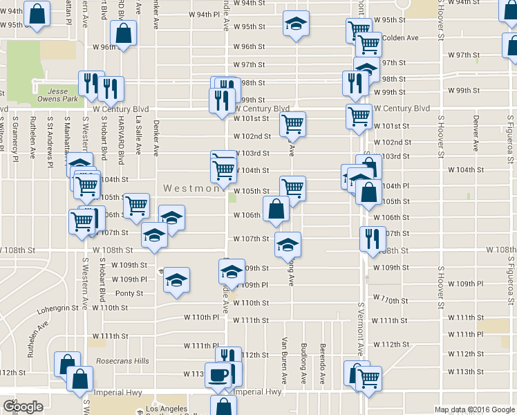 map of restaurants, bars, coffee shops, grocery stores, and more near 1315 West 106th Street in Los Angeles