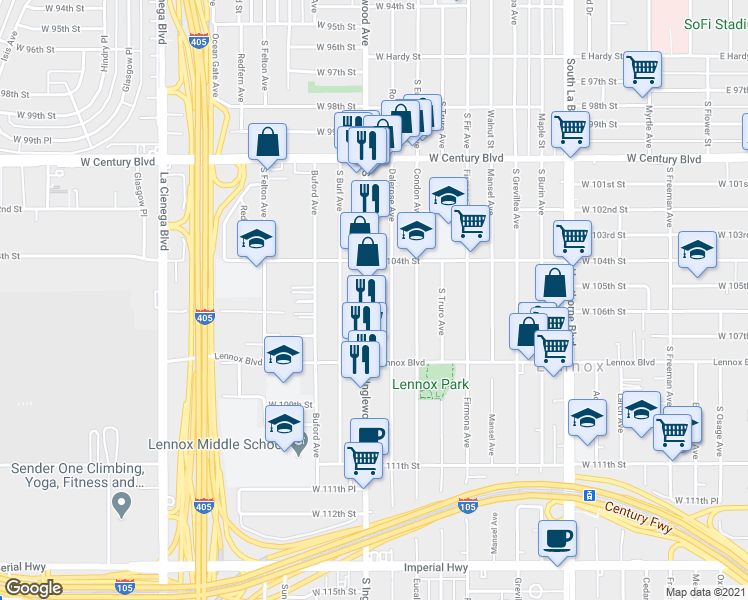 map of restaurants, bars, coffee shops, grocery stores, and more near 10517 Dalerose Avenue in Lennox