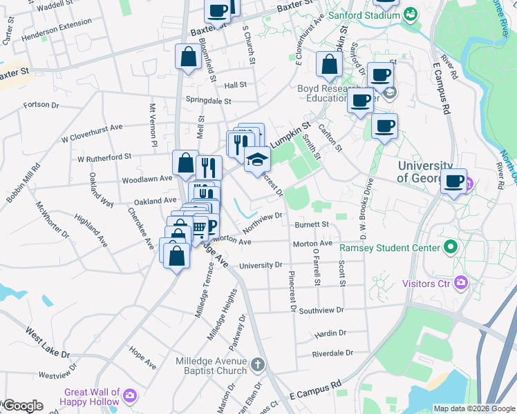 map of restaurants, bars, coffee shops, grocery stores, and more near 150 East Rutherford Street in Athens
