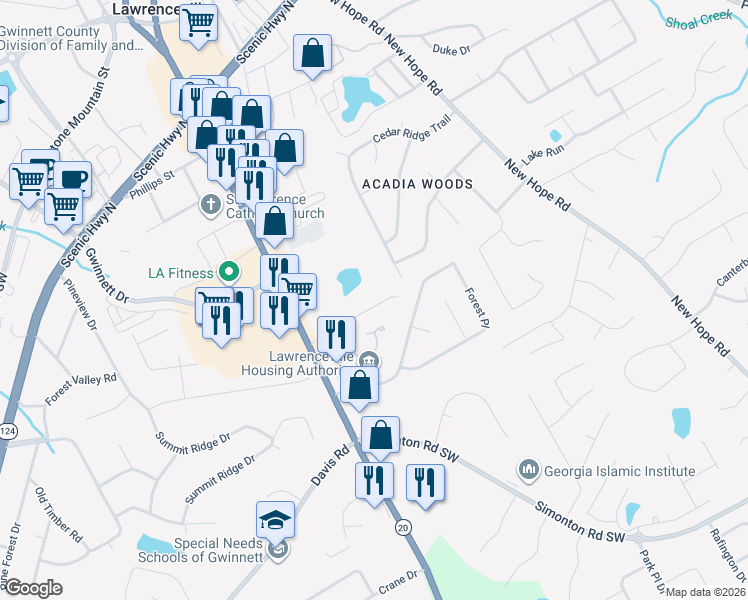 map of restaurants, bars, coffee shops, grocery stores, and more near 165 Kubol Drive in Lawrenceville