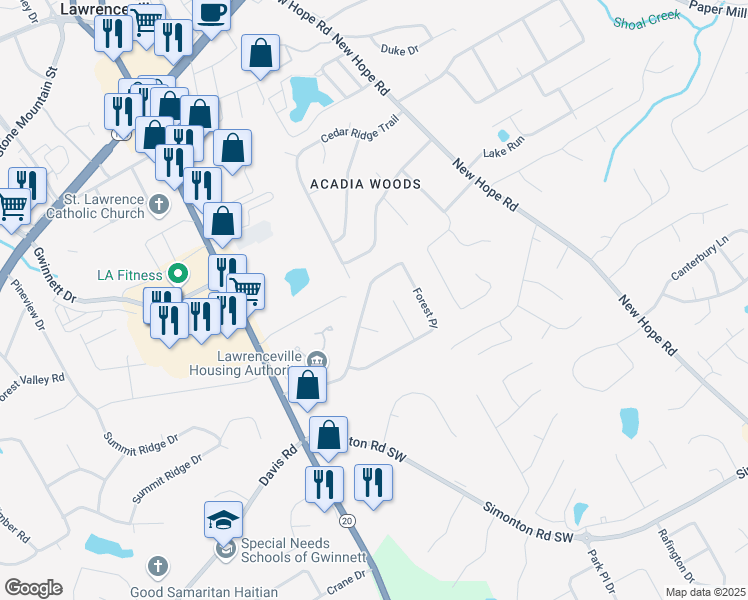 map of restaurants, bars, coffee shops, grocery stores, and more near 230 Forest Place in Lawrenceville