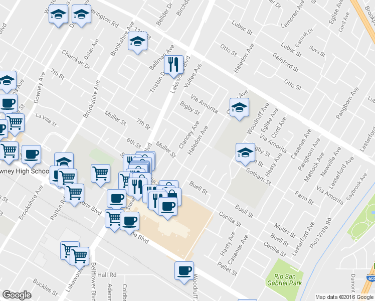 map of restaurants, bars, coffee shops, grocery stores, and more near 10535 Haledon Ave in Downey