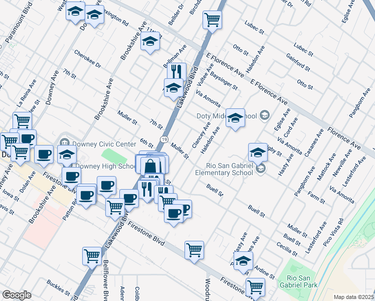 map of restaurants, bars, coffee shops, grocery stores, and more near 10551 Clancey Avenue in Downey