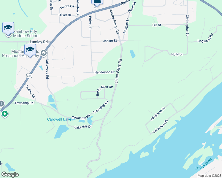 map of restaurants, bars, coffee shops, grocery stores, and more near 137 Becky Allen Circle in Rainbow City