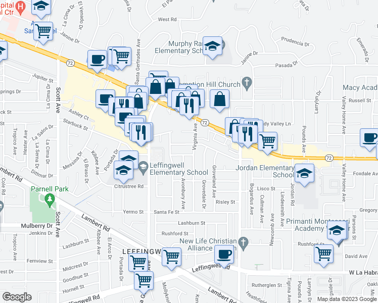 map of restaurants, bars, coffee shops, grocery stores, and more near 15945 Braepark Street in Whittier