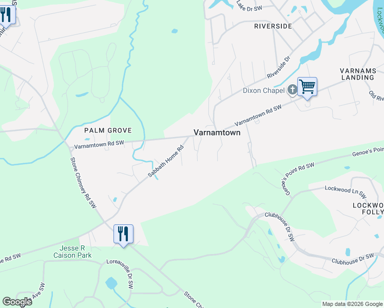 map of restaurants, bars, coffee shops, grocery stores, and more near 3080 McCall Street Southwest in Varnamtown