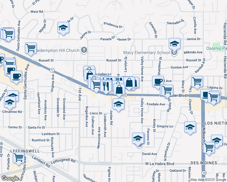 map of restaurants, bars, coffee shops, grocery stores, and more near 16347 Whittier Boulevard in Whittier