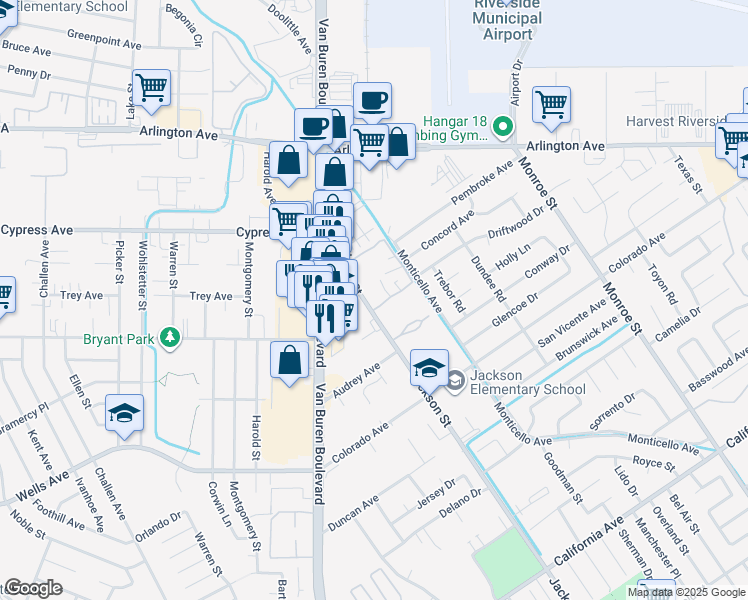 map of restaurants, bars, coffee shops, grocery stores, and more near 4801 Jackson Street in Riverside