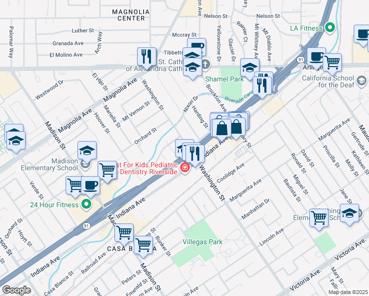 map of restaurants, bars, coffee shops, grocery stores, and more near 3460 Washington Street in Riverside