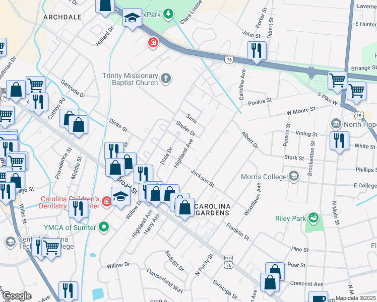 map of restaurants, bars, coffee shops, grocery stores, and more near 212 Highland Avenue in Sumter