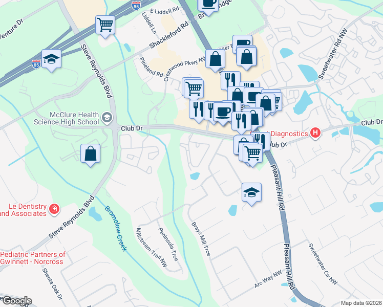 map of restaurants, bars, coffee shops, grocery stores, and more near 3740 Club Drive in Duluth