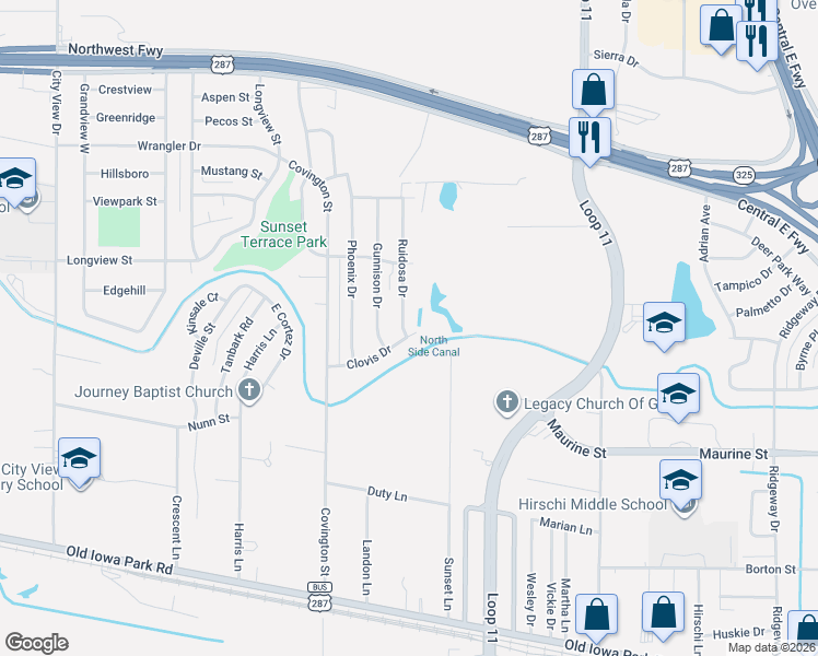 map of restaurants, bars, coffee shops, grocery stores, and more near 1401 Ruidosa Drive in Wichita Falls