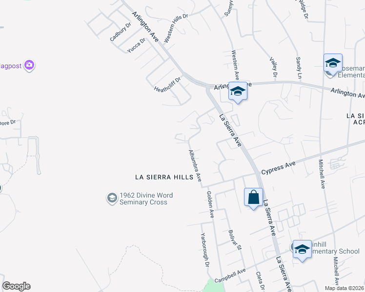 map of restaurants, bars, coffee shops, grocery stores, and more near 6168 Alhambra Avenue in Riverside