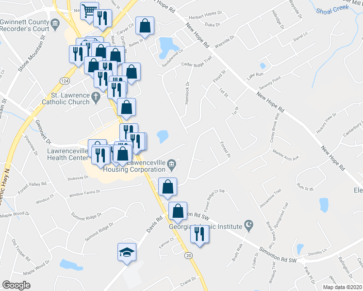 map of restaurants, bars, coffee shops, grocery stores, and more near 95 Kubol Drive in Lawrenceville