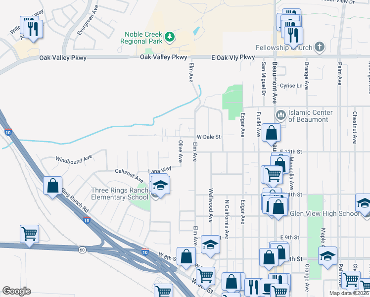map of restaurants, bars, coffee shops, grocery stores, and more near 370 West 12th Street in Beaumont