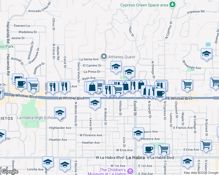 map of restaurants, bars, coffee shops, grocery stores, and more near 926 North Walnut Street in La Habra Heights