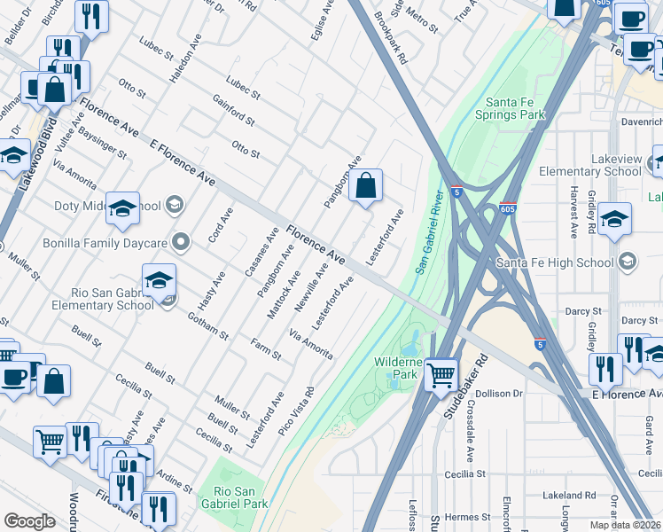 map of restaurants, bars, coffee shops, grocery stores, and more near 10202 Newville Avenue in Downey