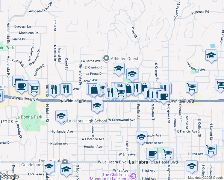 map of restaurants, bars, coffee shops, grocery stores, and more near 924 North Walnut Street in La Habra Heights