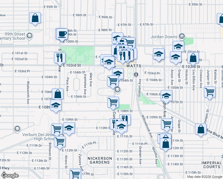 map of restaurants, bars, coffee shops, grocery stores, and more near 10501 Compton Avenue in Los Angeles