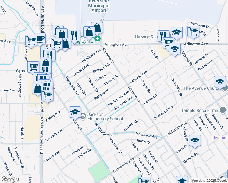 map of restaurants, bars, coffee shops, grocery stores, and more near 8791 Colorado Avenue in Riverside