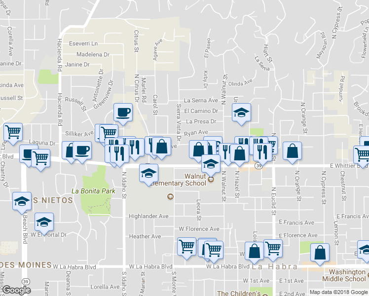 map of restaurants, bars, coffee shops, grocery stores, and more near 710 Linda Avenue in La Habra