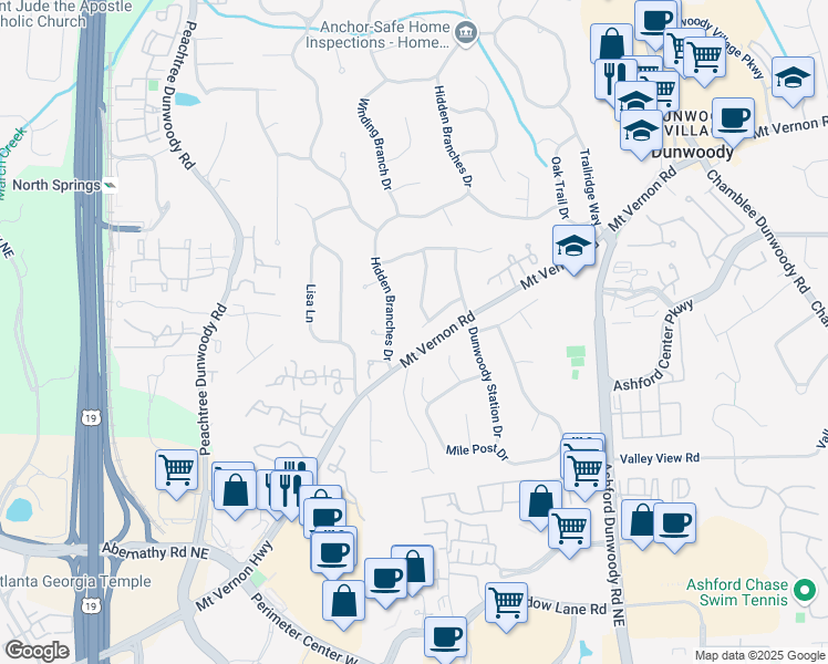 map of restaurants, bars, coffee shops, grocery stores, and more near 1042 Trailridge Place in Dunwoody