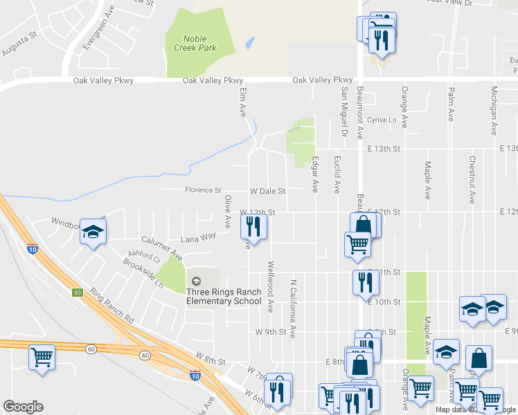 map of restaurants, bars, coffee shops, grocery stores, and more near 272 West 12th Street in Beaumont