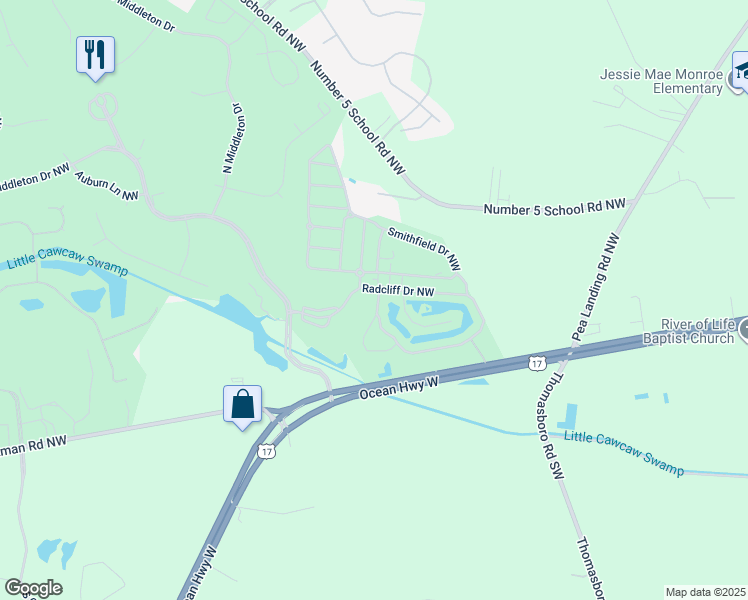 map of restaurants, bars, coffee shops, grocery stores, and more near 8855 Radcliff Drive Northwest in Calabash