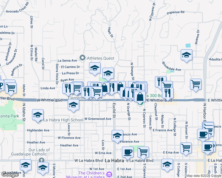 map of restaurants, bars, coffee shops, grocery stores, and more near 911 North Euclid Street in La Habra