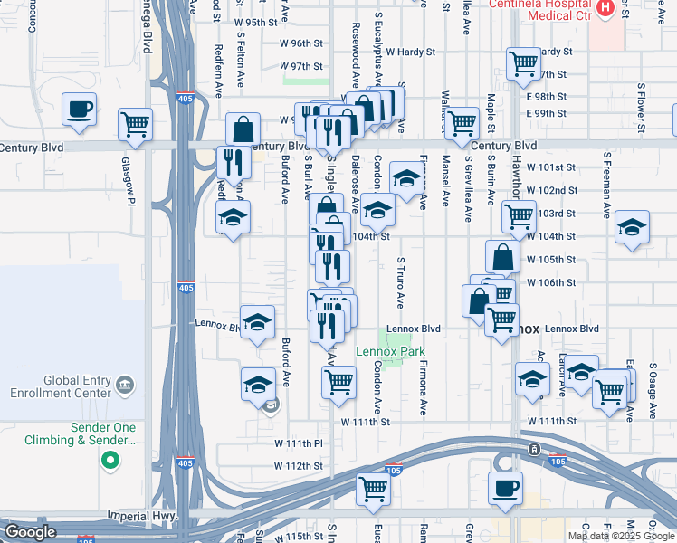 map of restaurants, bars, coffee shops, grocery stores, and more near 10522 South Inglewood Avenue in Inglewood