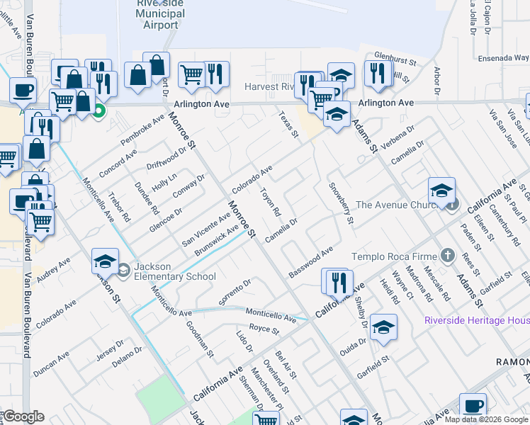 map of restaurants, bars, coffee shops, grocery stores, and more near 4509 Santee Place in Riverside
