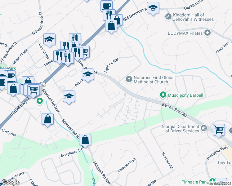 map of restaurants, bars, coffee shops, grocery stores, and more near 2467 Garmon Lane Northwest in Norcross